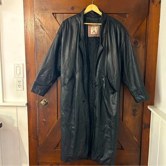 Ada Jackets & Blazers - Vintage 80s Long Leather Lined Trench Style Coat in Black - ADA brand